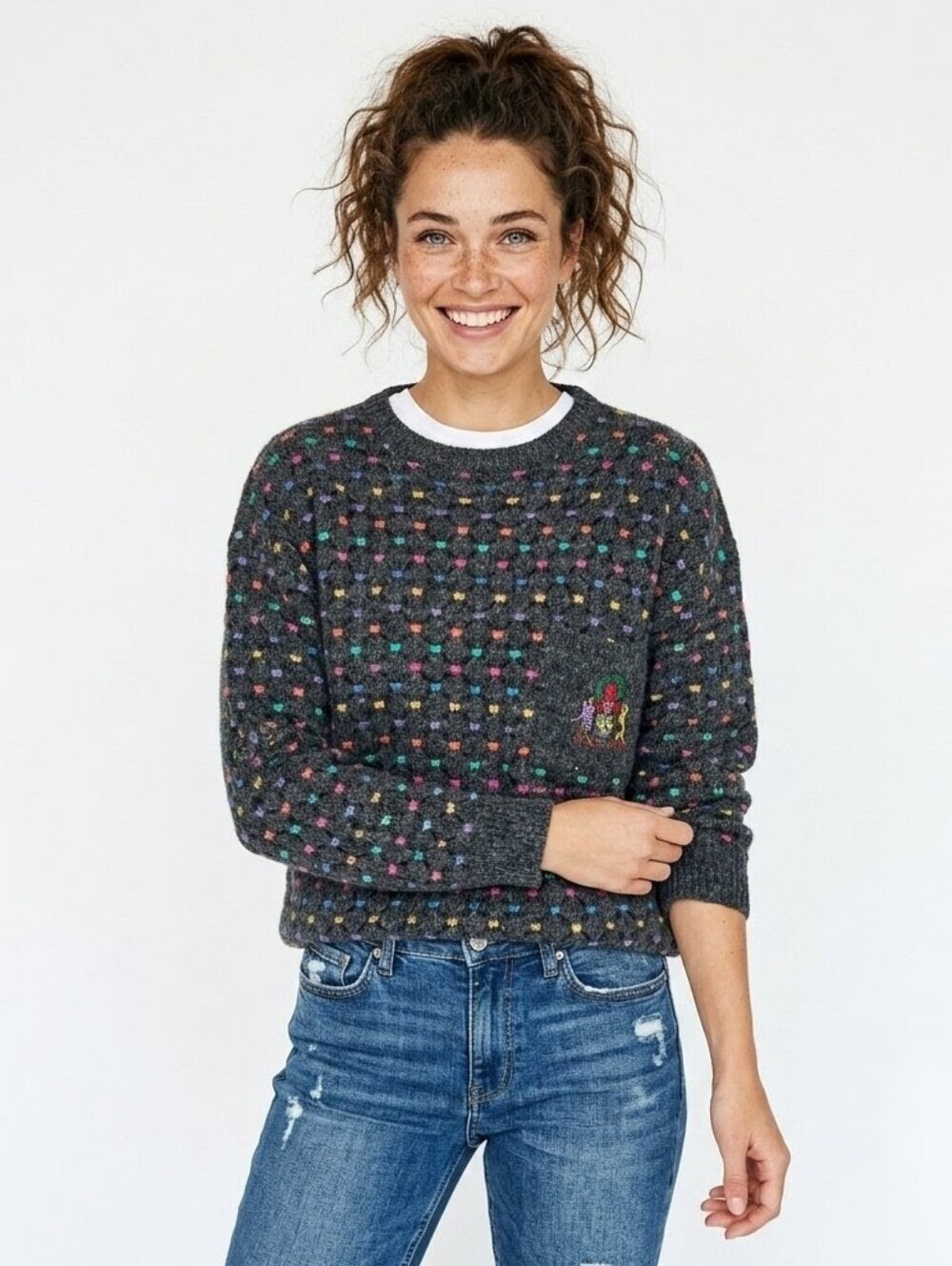 Kitty Hawk Vintage Confetti Knit Embroidered Scottish Crest Sweater